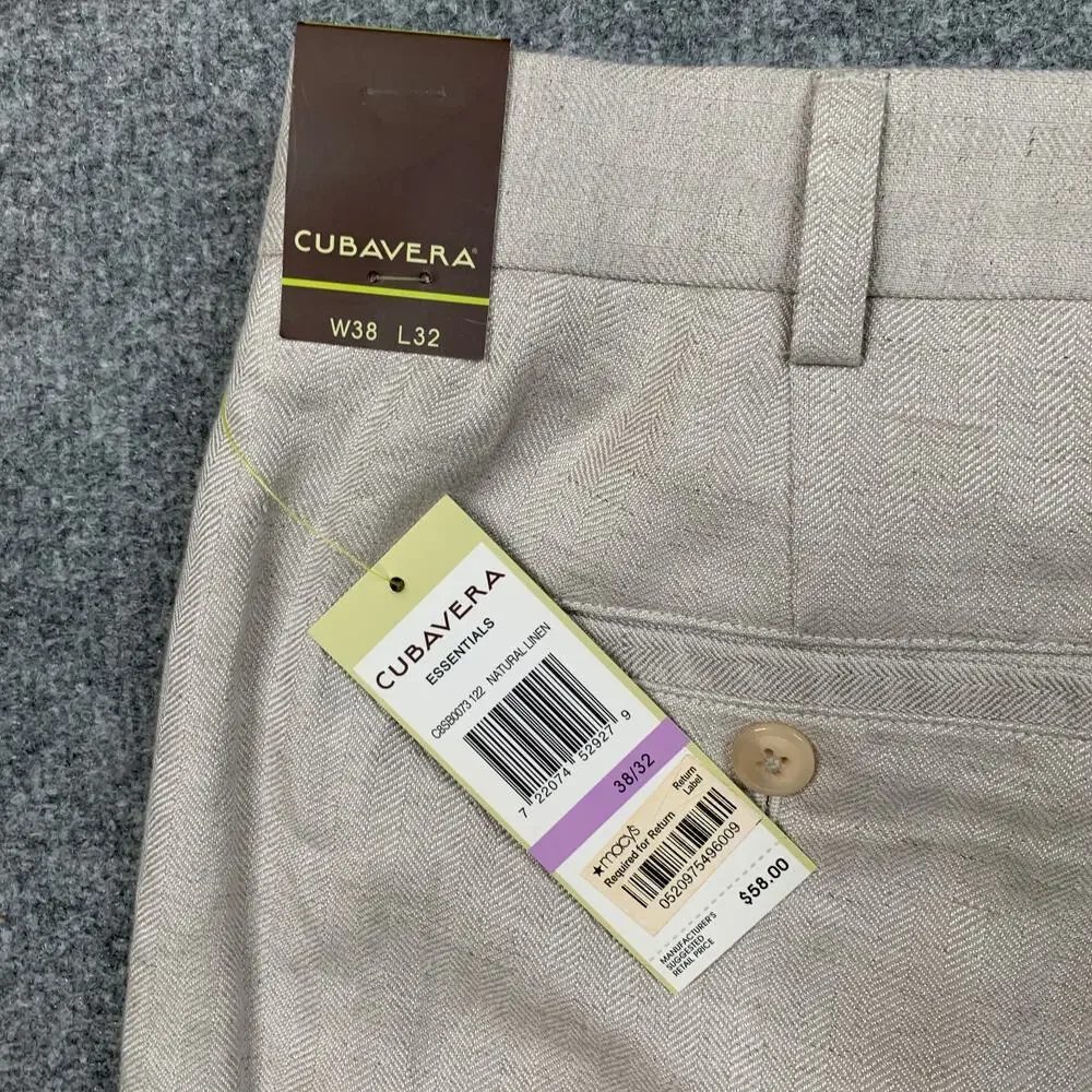 Cubavera Pants Mens 38 Ivory Linen Rayon Blend Herringbone Pleated Pocket Dress